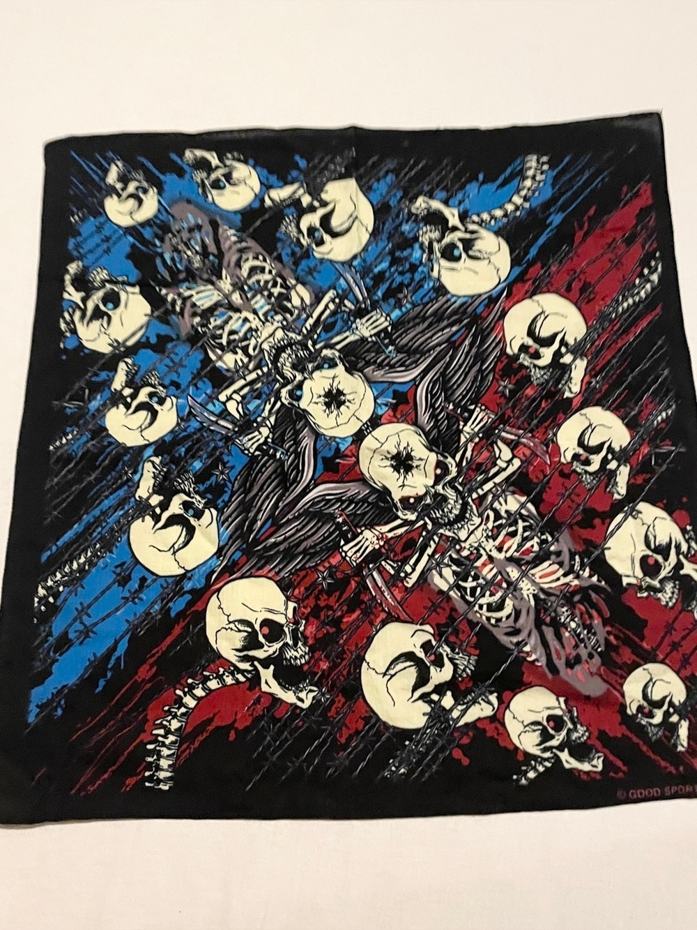 Vintage 2009 Good Sports Inc Skull Barbed Wire Graphic Bandana Biker Goth Y2K